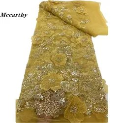 African Gold Handmade Bead Lace Fabric For Wedding 2023 High Quality Nigerian French Mesh Tulle Lace Fabrics Luxury Sequins WS70