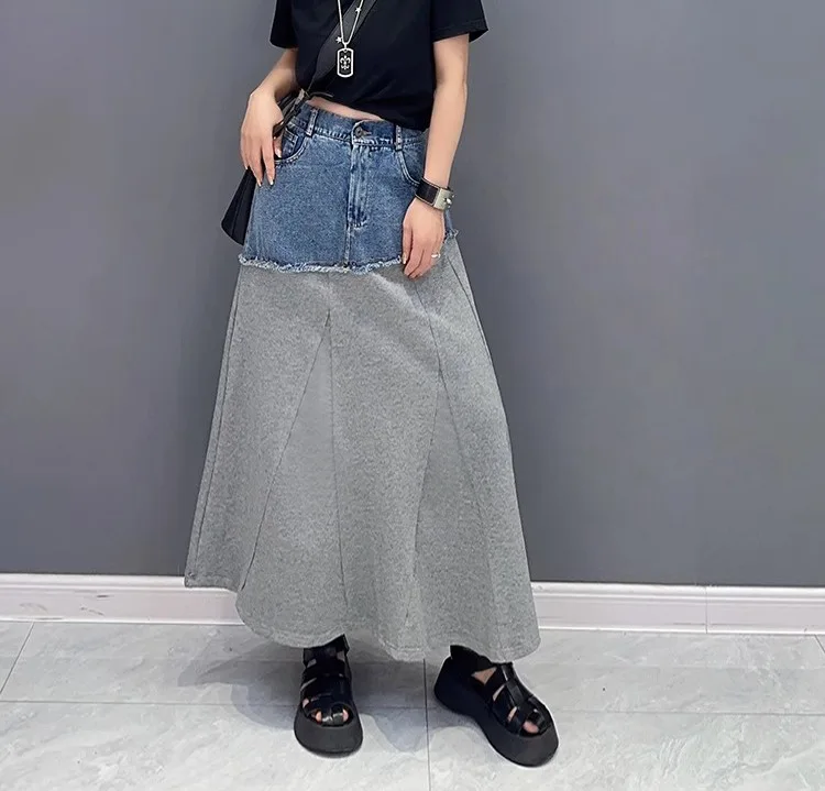 

Streetwear Trendy Contrast Color Spliced Denim Long Skirt Women Autumn Winter American Style High Waist A-line Maxi Skirts 8500