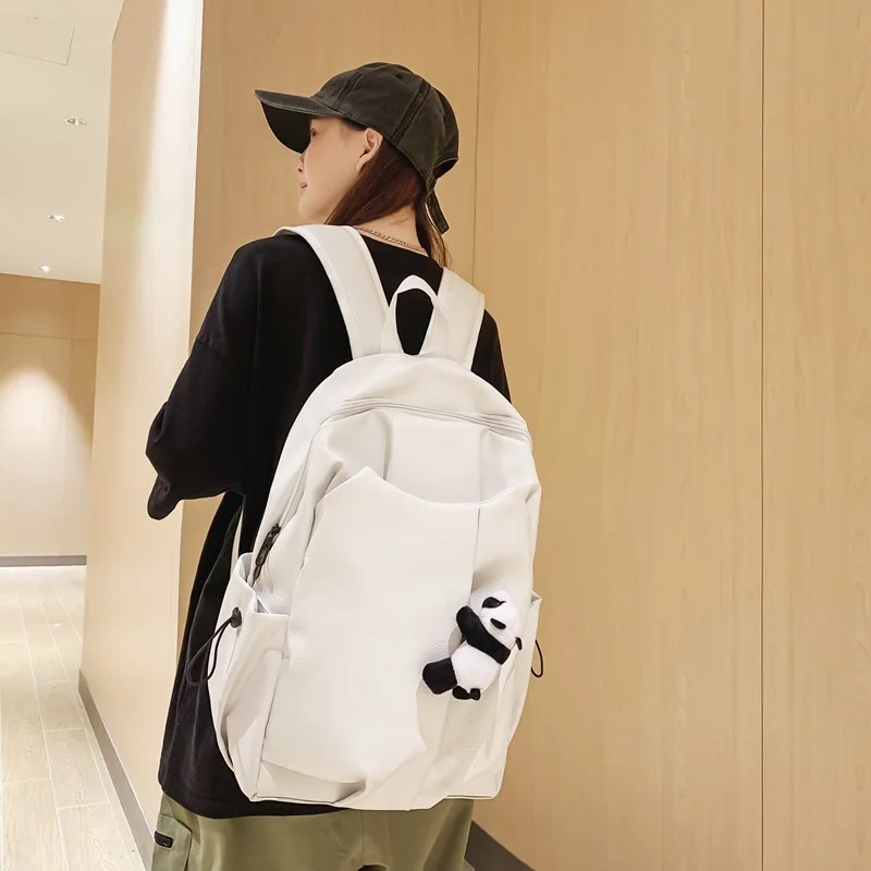 Cute Panda Pendant Women Man Backpack Pu Leather Men's Backpacks Girl Black White Back Pack Laptop Bag Large Capacity Travel Bag 4