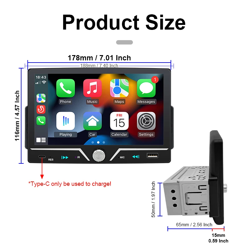 7" Car Radio Wireless/Wire Carplay Android Auto 1Din HD Touch Screen Bluetooth U
