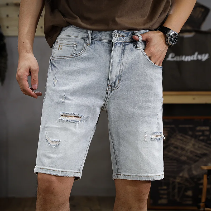 Summer Washed Wear-White Ripped Denim Shorts Men's Versatile Slim Straight American Fashion Brand High-End Casual Cropped Pants
