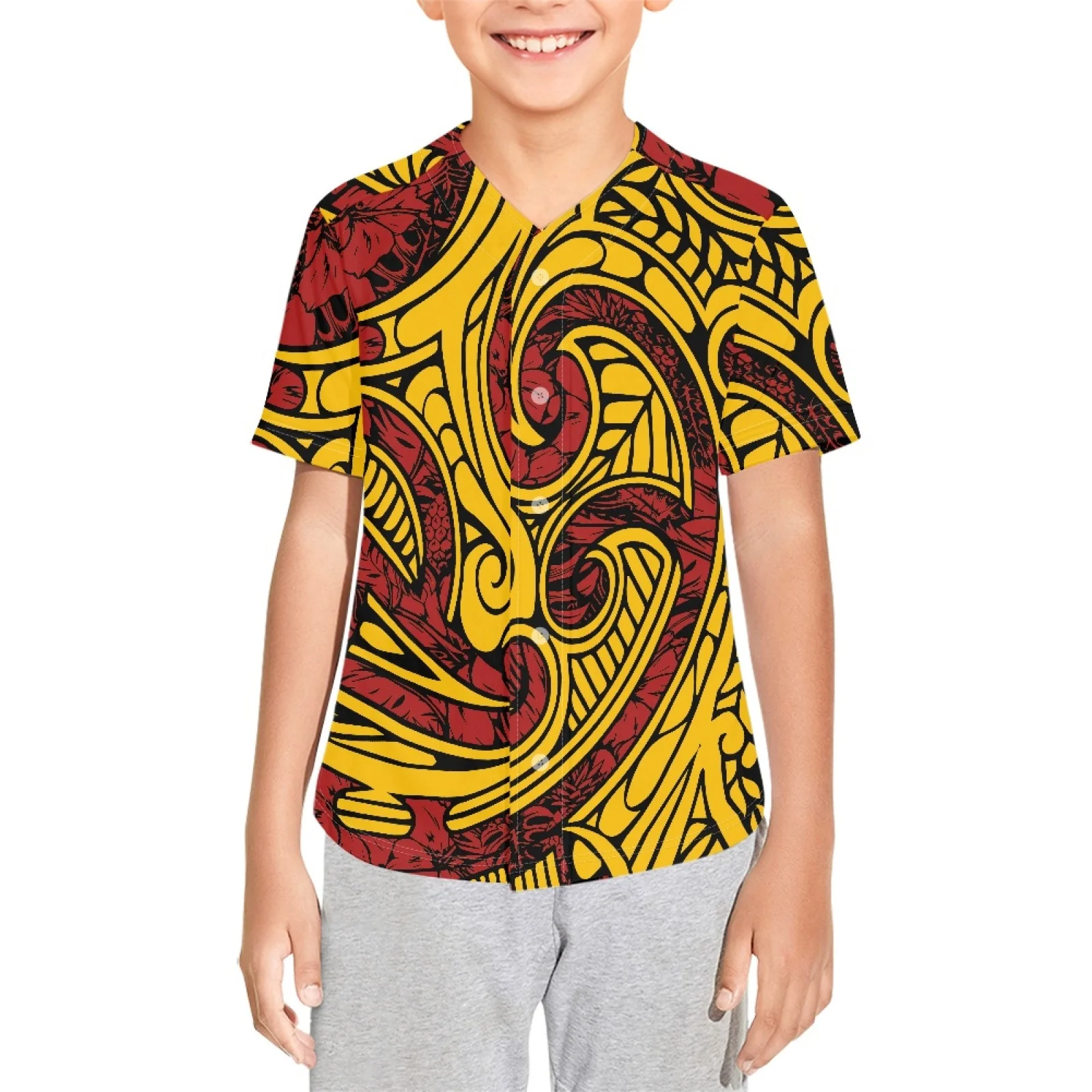 

Polynesian Tribal Pohnpei Totem Tattoo Prints Boy's Baseball Jersey Kid's Short Sleeve Girls Hip Hop T Shirts Children's Sport