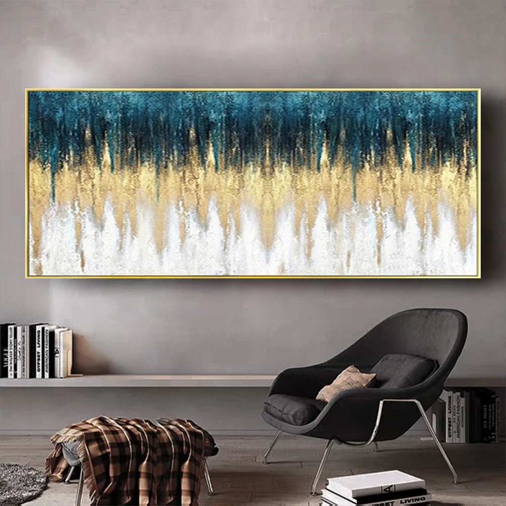 

100% Handmade Abstract Navy Blue Gold Oil Painting Marine Green Modern Wall Sandy Beach Picture Decor Living Room Canvas Art