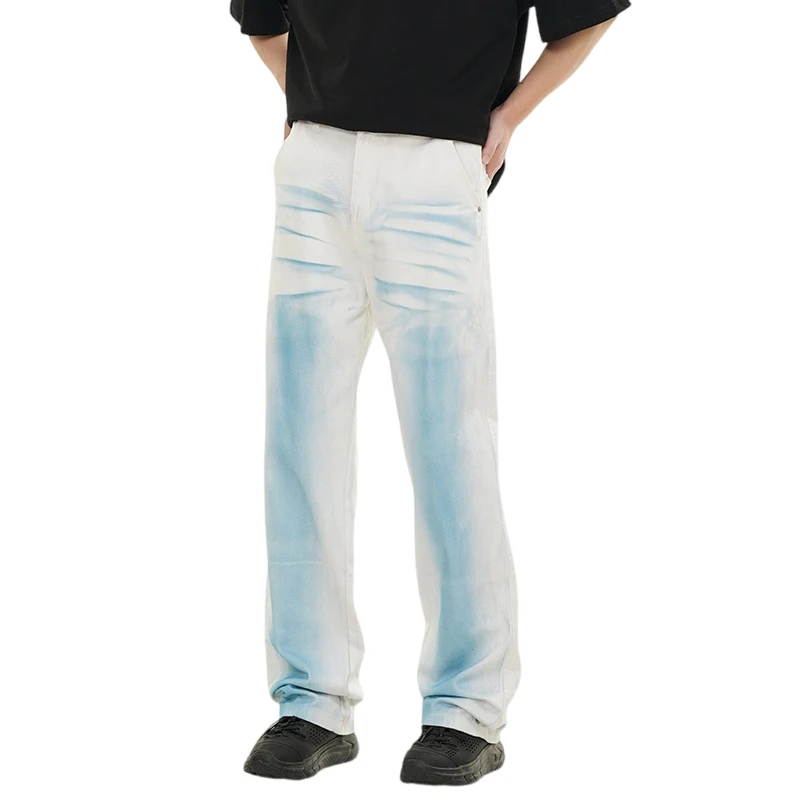 2024 New Dyed Washed Distressed Jeans Men's High Street American Fashion Hip Hop Loose Straight Pants