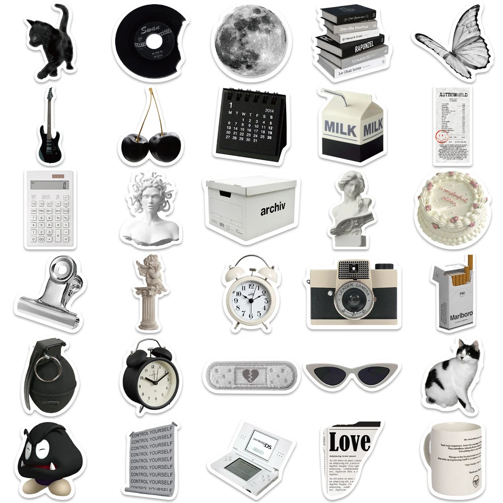 Chic Black & White Decorative Sticker Set (10/30/61 pcs) – Stylish DIY Decals for Personalizing Your Space