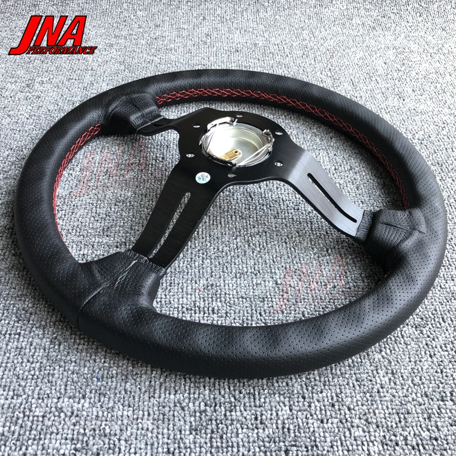 Jdm-レザーステアリングホイール,赤い縫い目,スポーツ