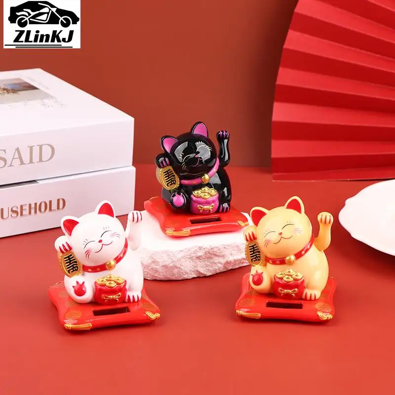Solar Powered Maneki Neko Waving Arm Beckoning Fortune Cat Lucky Cat Per Home Office E Car Decor