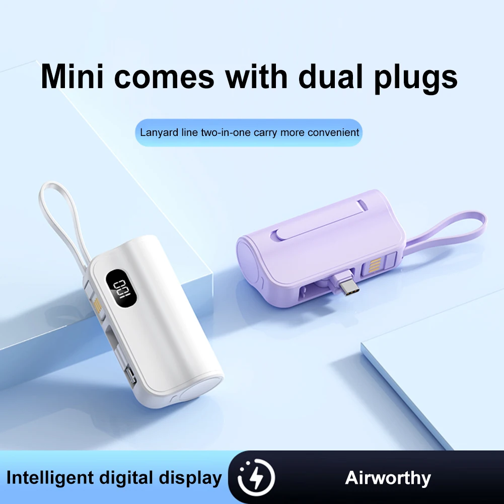 10000mAh Mini Power Bank Digital Display Compact Portable Charger Built-in USB-C & 8 Pin Connector Capsule PowerBank for IPhone 4
