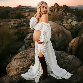 2025 Summer Two Pieces Maternity Photography Outfit Off-the shoulder Embroidered Lace 2 in 1 Pregnancy Dress Sets