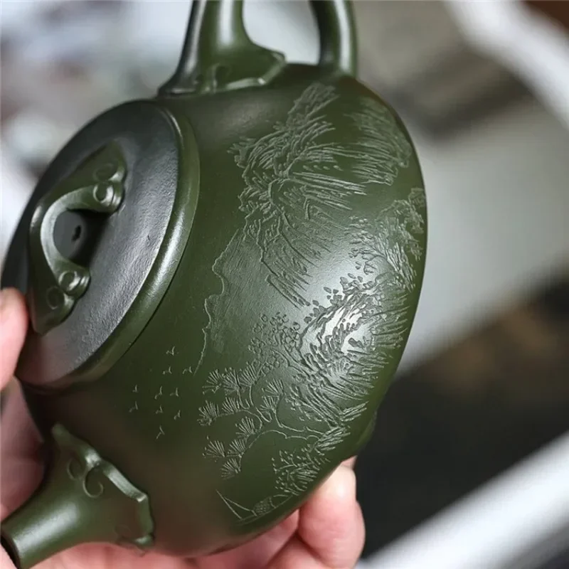 Yixing original mine green clay handmade carved purple clay teapot Landscape Ruyi Stone Ladle Purple Sand Pot Chinese teapot