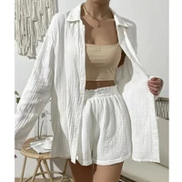 100% Cotton Gauze Muslin Sets For Women 2 Pieces Long Sleeve Shirts And Loose High Waist Mini Shorts Sets Ensemble Femme 1