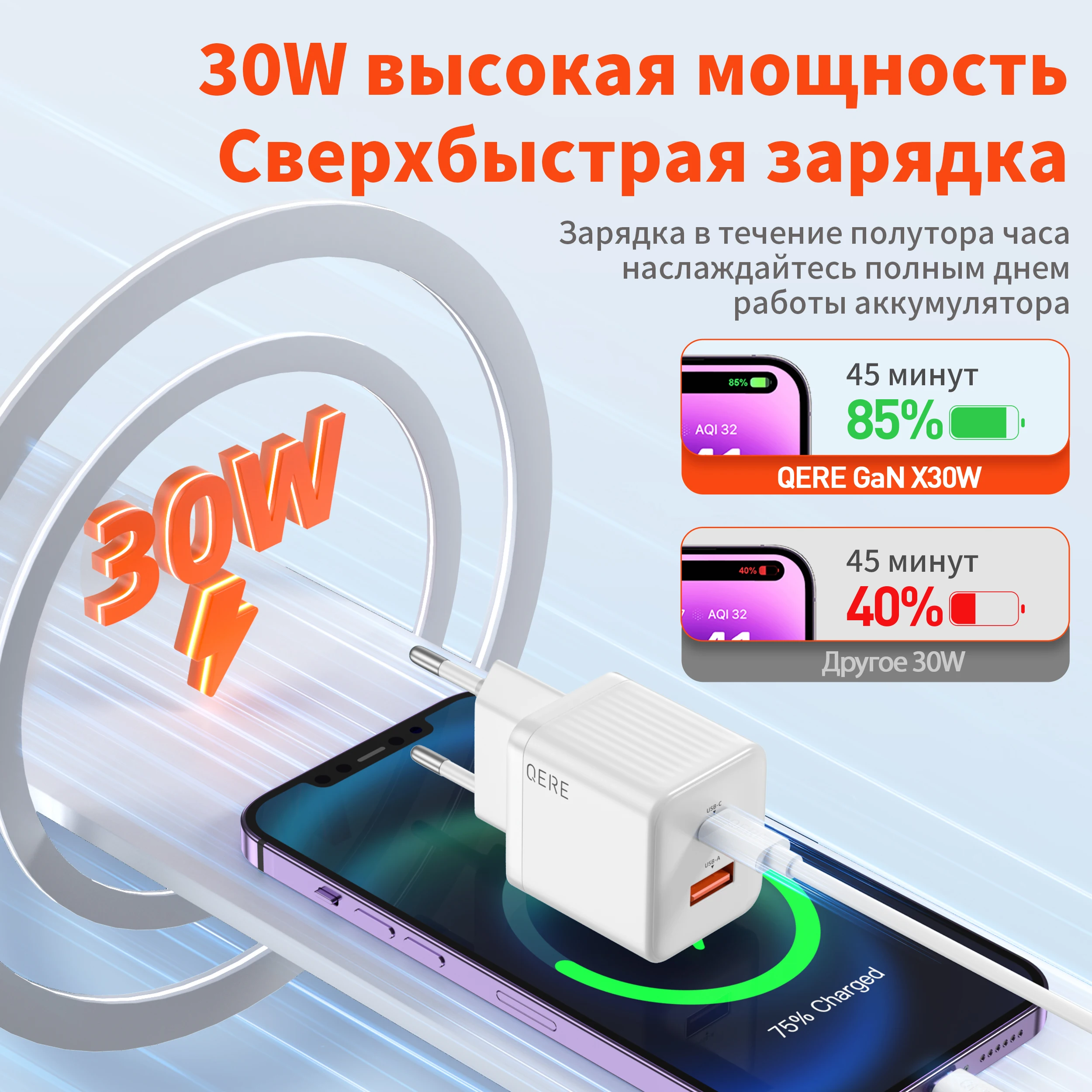 QERE PD 30W GaN 휴대폰 범용 어댑터, EU 플러그 안전 C 타입 USB 지능형 번개 고속 충전 미니 휴대용 고속 충전기