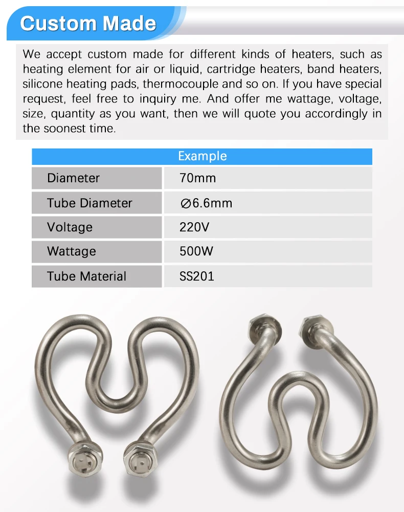 Description Picture 6 of item500W 220V Electric Heat Tube 2U Stainless Steel Horseshoe Shape Water Heating Elements for Quick Electric Kettle/Coffee Pot