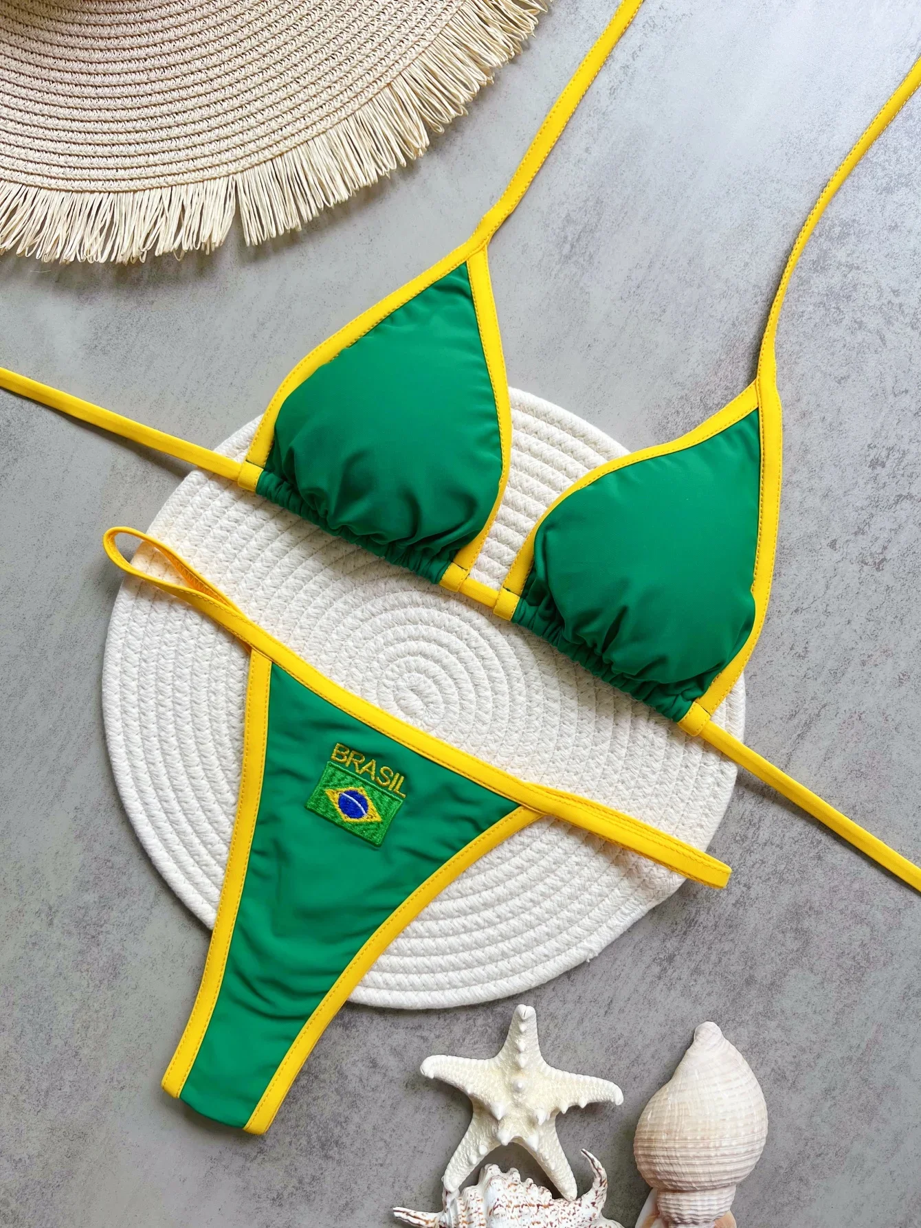Embroidery Brasil Flag Contrast Split Bikini Set Women Swimwear Patchwork Swimsuit Hottie Outfit SummerBeachwear