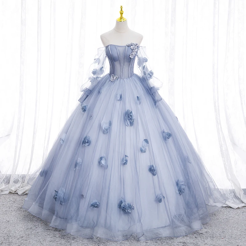 Blue Quinceanera Dress Tulle Appliques Flowers Detachable Sleeeve Strapless Ball Gown
