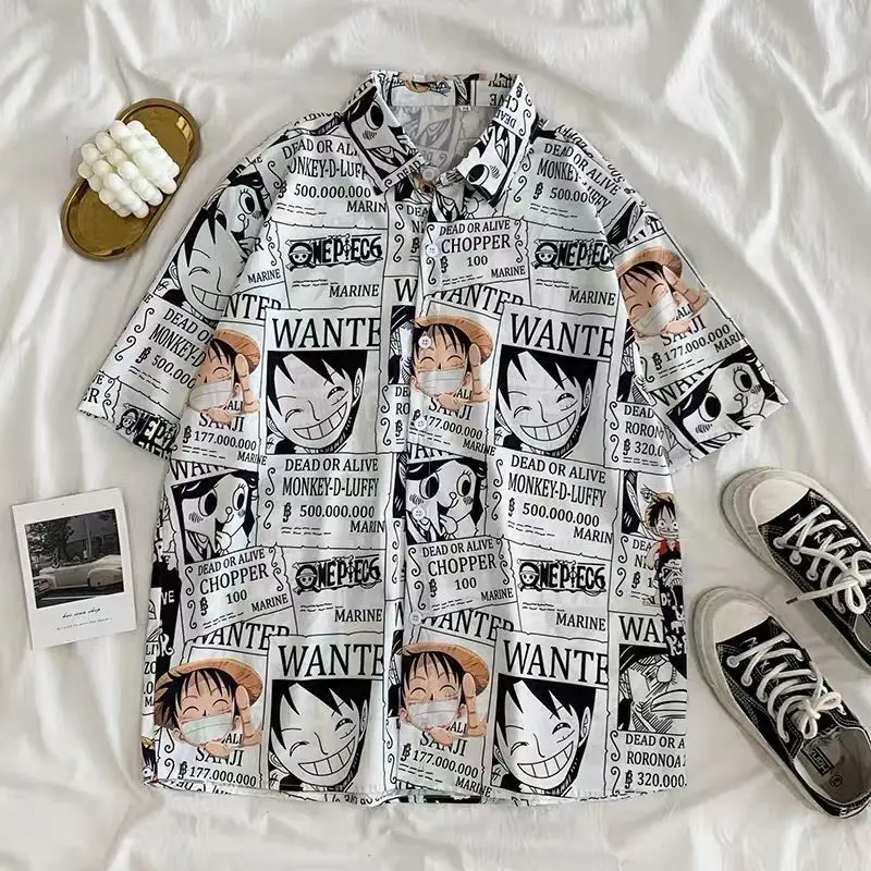 Japan Anime One Piece Luffy Printed Vintage Shirt Summer New Men Hawaiian Short Sleeve Casual Mens Women Couple Shirts Oversized