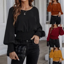 

New Women's Shirts Fall 2021 New Puff Sleeve O Neck Chiffon Solid Short Shirt