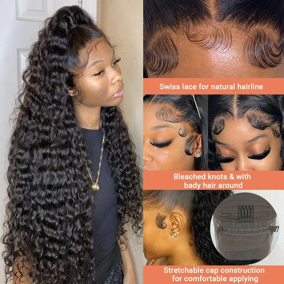 Varlea 40 Inch 13x4 Lace Front Wigs Deep Wave Wig Curly Hd Lace Wig 13x6 Human Hair Water Wave Black Wig Brazilian 220% Density 3