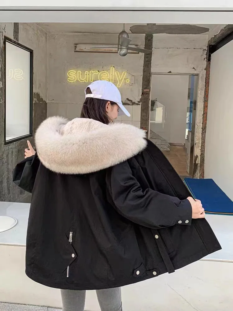 

New Parka Women's Fox Fur Collar Real Rex Rabbit Hair Liner Detachable Short Fur Coat Female Mink