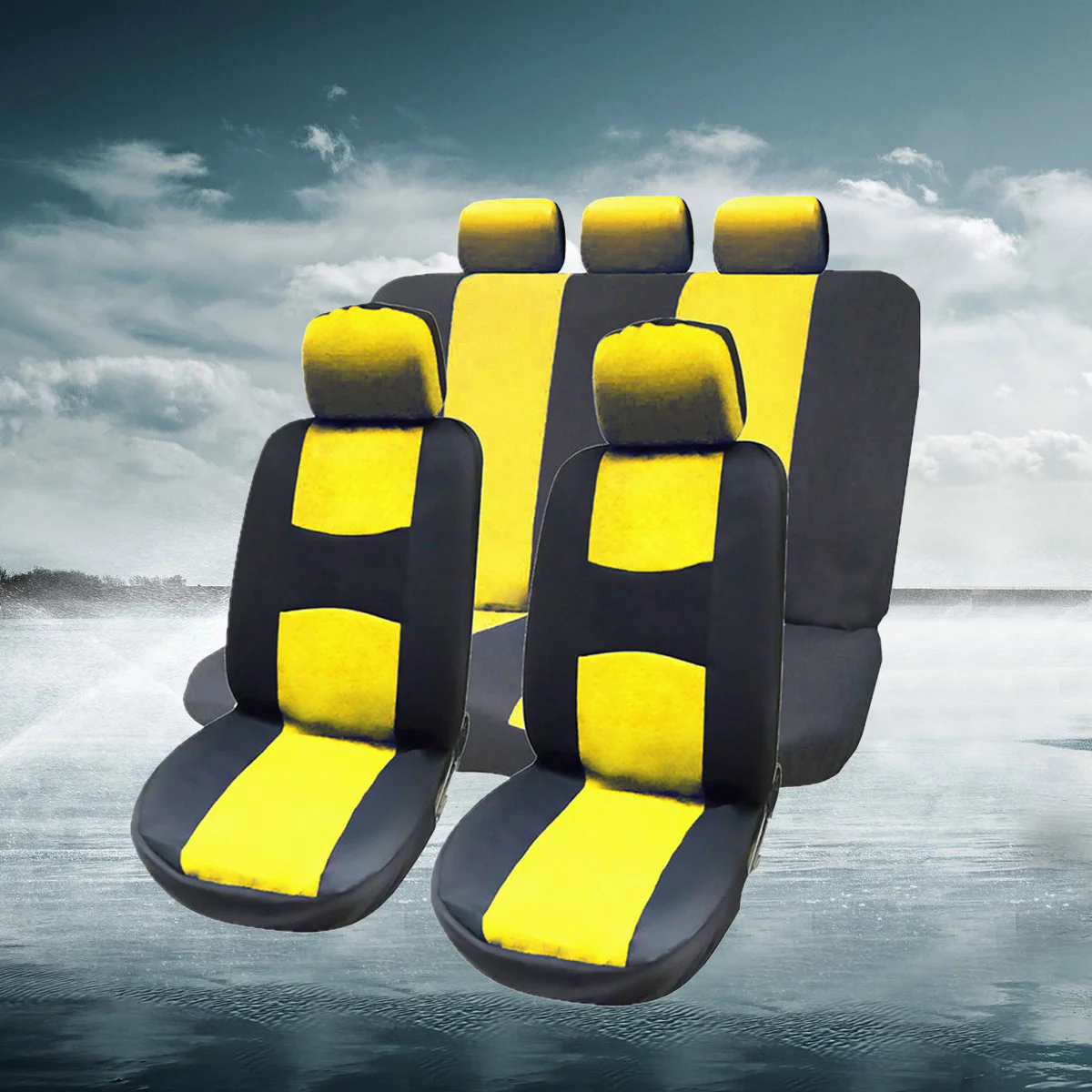 

Full Set Car Seat Covers with Detachable Headrests Universal Fit Interior Split Bench Covers (Yellow)