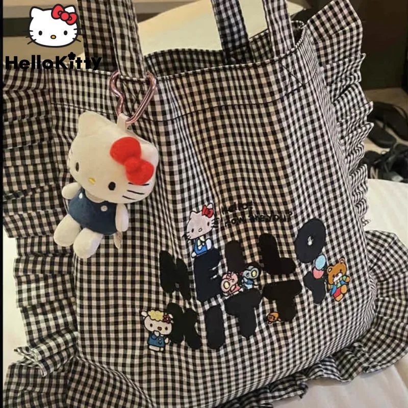 

Sanrio Hello Kitty Black White Grid Ruffle Single Shoulder Bag Female Japanese Style Fashion Handbag Cute Y2k Student Canvas Bag