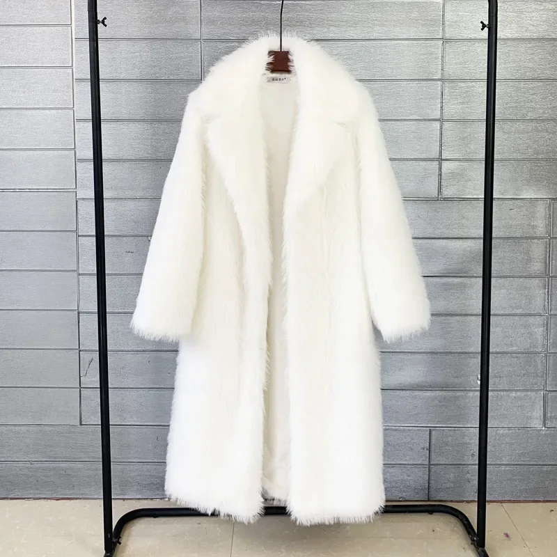 White Long Faux Fur Coat Women Autumn Winter Large Jacket Overcoat Turn Down Collar Pockets Thick Coat Warm Jackets Maxi Coats 6