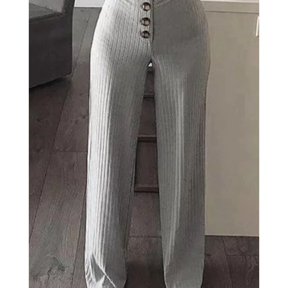 Summer Women Casual Single Breasted Long Sleeve Crop Top & Button Front High Waist Pants Set Femme Skinny Two Pieces Set Outfits