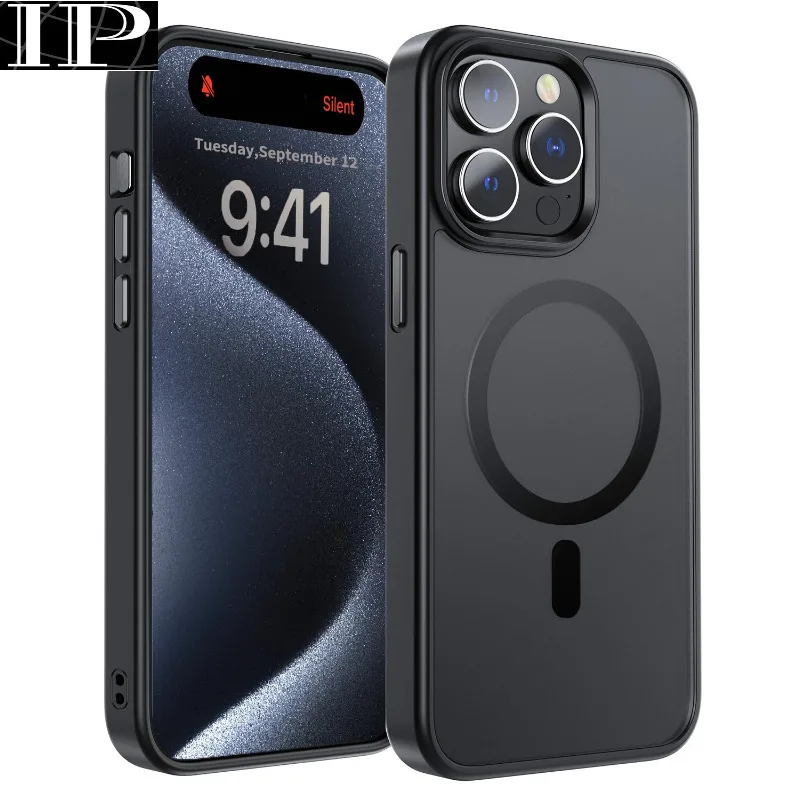 

Черный магнитный чехол для iPhone 15 Pro Max, совместимый с Magsafe чехол, защита военного класса, прозрачный матовый чехол для iPhone 14pro