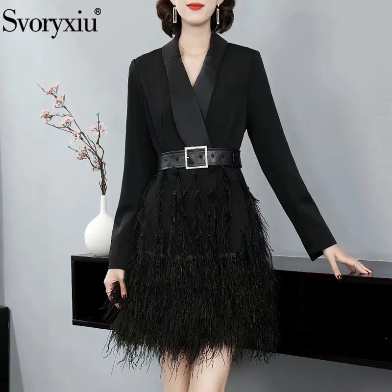 

Svoryxiu Designer Autumn Fashion Office Lady Black Blazer Short Dress Women's Beaded Embroidery Feathers Dresses XXL