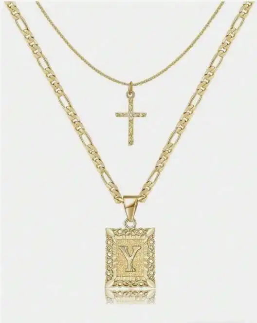 Letter Necklace Layered Initial Cross Necklace, Layering Square Letter Pendant Figaro Chain Cross Choker  for Women Girls
﻿ - Image 25