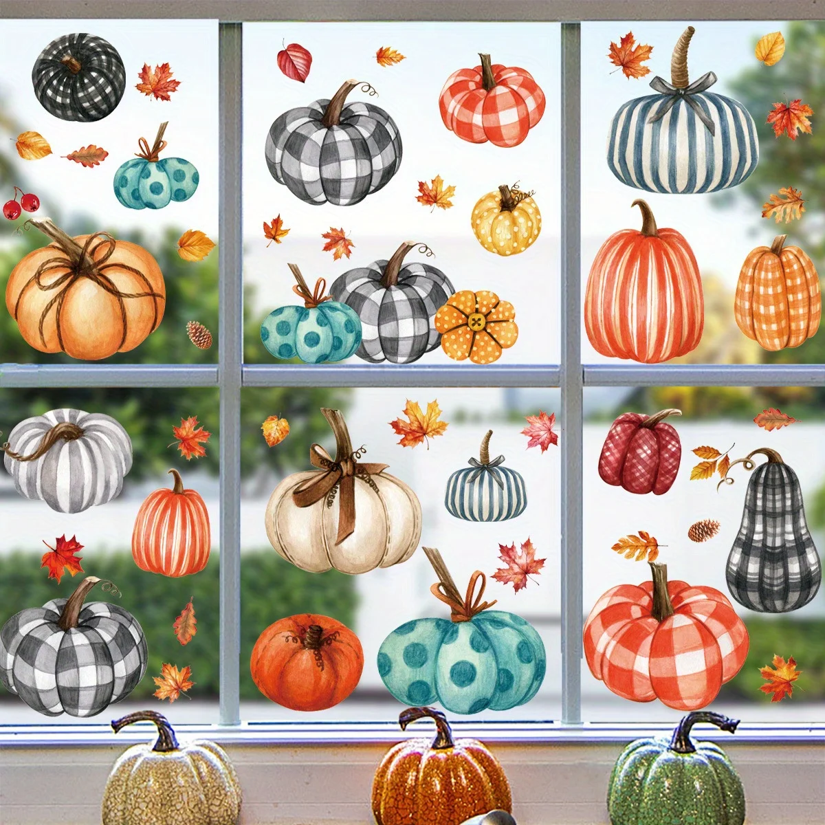 9 Sheets Thanksgiving Window Clings Pumpkin Maple Leaf Static Stickers Glass Art Decals for Fall Autumn Harvest Party Supplies
