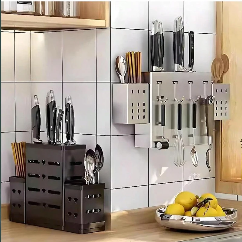 Stainless Steel Mounted Stand Knife Holder,Cutlery Storage Rack,Spoon Forks Organizer,Container with Drying Drainer
