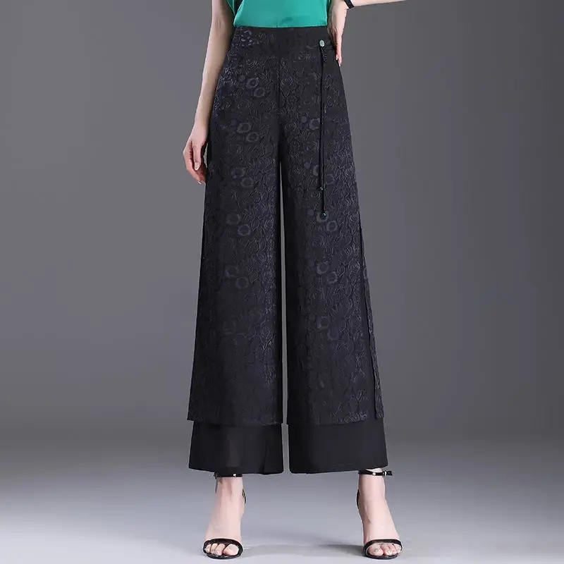 Fashion Elegant Simple High Waist Split Wide Leg Pants Women's Panelled Print Summer New Pockets Jacquard Straight Trousers 2024
