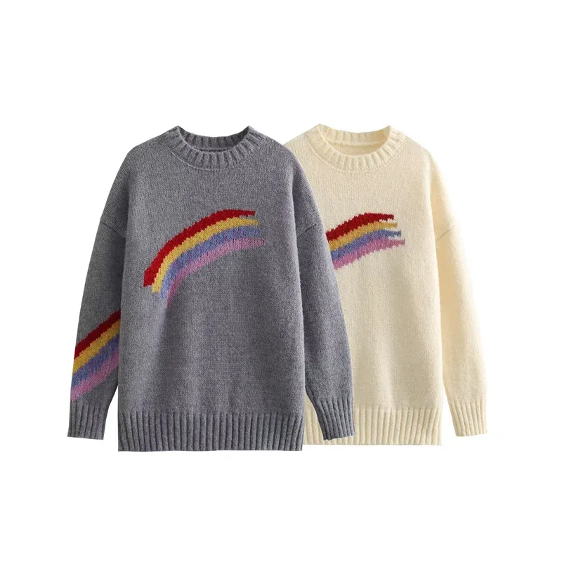 

Rainbow Pattern Pullover Sweater for Women 2023 Winter O-Neck with Ruched Knit Sweater Female Vintage Knitwear Top