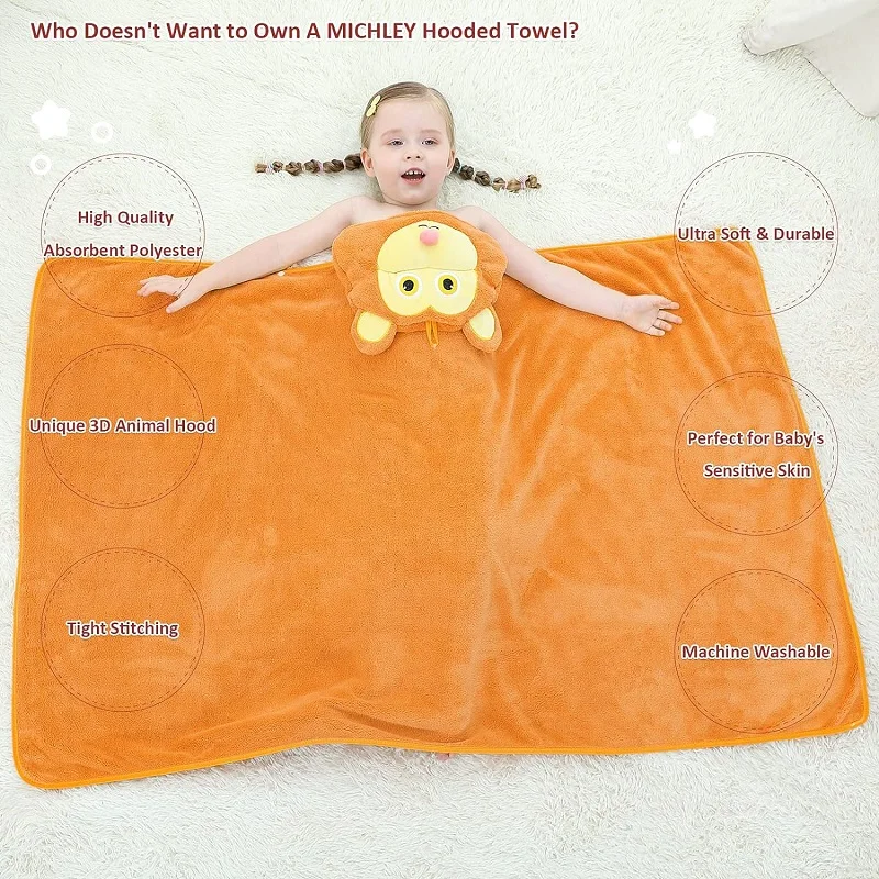 MICHLEY Cute Hooded Baby Bath Towels Super Soft Bathrobe Shower Warm Sleeping Swaddle Blanket For Boys Girls Kids Toddler 0-9T