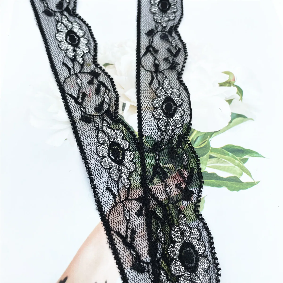 6y/Lot Width2.50~7cm Black Silver Shimmer Narrow Elastic Lace Trim 3