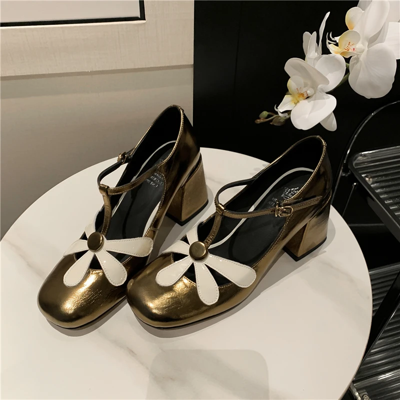 Insicre 2023 Fashion Women's Pumps Flower Buckle Thick High Heel Spring Sweet Shoes Cow Patent Leather Mary Janes Round Toe