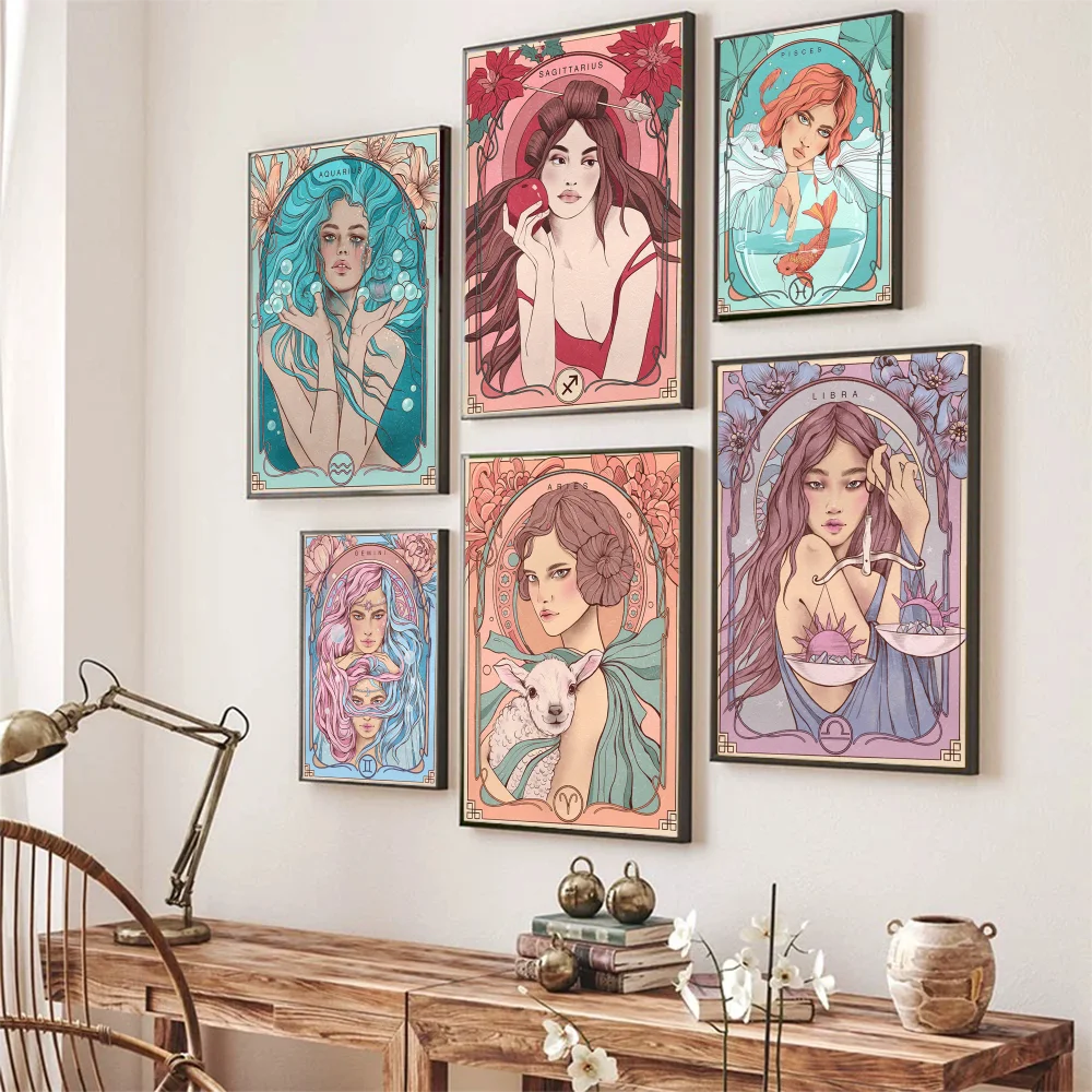 

Twelve Constellations Girl Poster Self-adhesive Art Poster Retro Kraft Paper Sticker DIY Room Bar Cafe Vintage Decorative