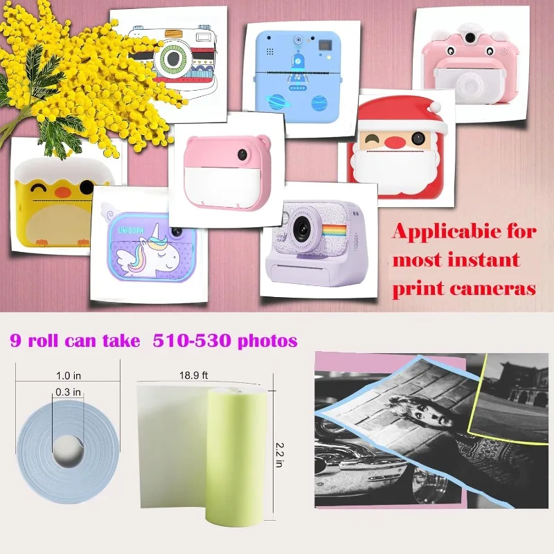 Kids Instant Camera Refill Print Paper Non-Adhesive Photo Printer Thermal Paper Rolls for Portable Mobile Printer, Candy Color