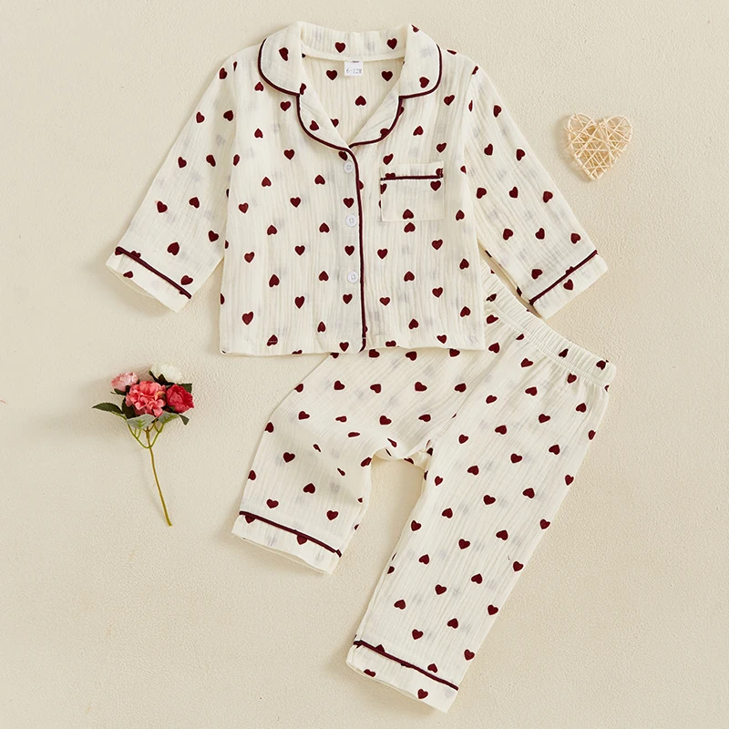 Citgeett Girls' Heart Print Pajama Set with Long Sleeves