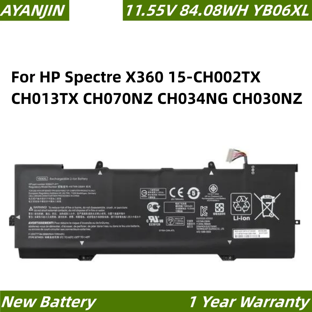 

YB06XL 11.55V 84.08WH Battery For HP Spectre X360 15-CH002TX CH013TX CH070NZ CH034NG CH030NZ HSTNN-DB8H DB8V 928427-271 TPN-Q200