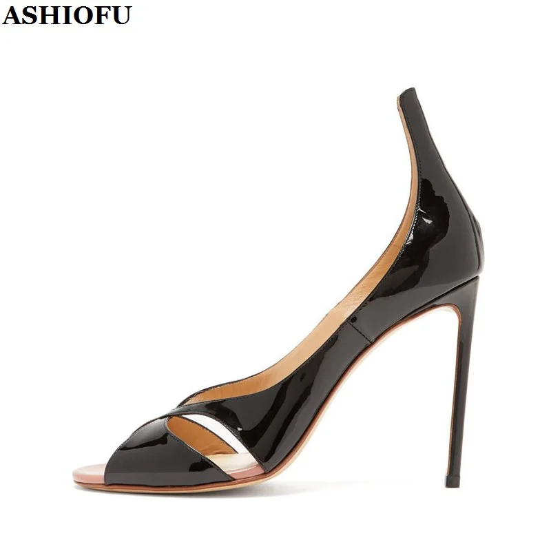 

ASHIOFU New Simple Style Handmade Ladies High Heels Sandals Patent Leather Peep-toe Summer Slip-on Evening Fashion Party Shoes