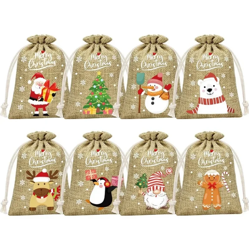 6PCS Christmas Candy Gifts Drawstring Bags Linen Bundle Pocket Bracelet Jewelry Burlap Storage Bags Xmas Gift Packaging Bags LIJ