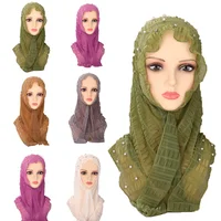 Muslim Hijab Solid Color Lace Mesh Rhinestone Arab Women Beaded Soft and Easy to Wear Lace Up Head Wrap Scarf Shawl Pullover Hat