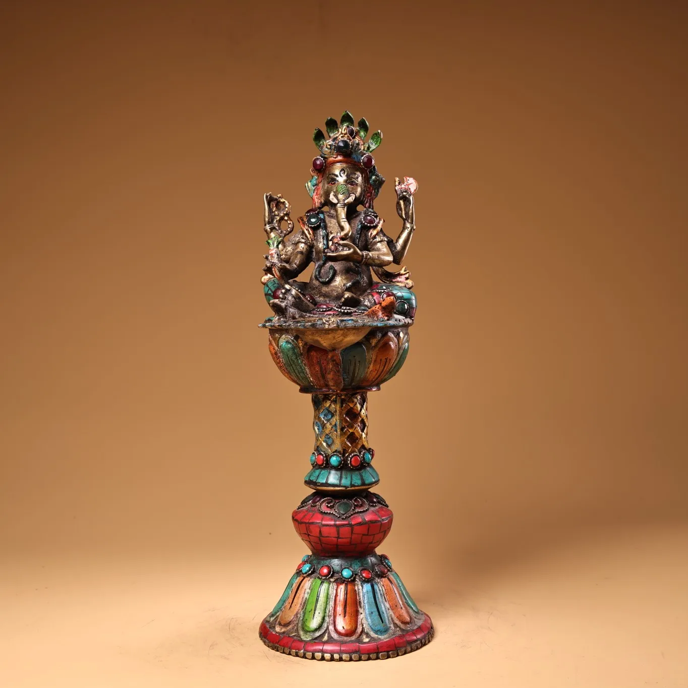 

12"Tibetan Temple Collection Old Bronze Outline in gold Mosaic Gem Turquoise Four arms Ganesha Buddha Candlestick Worship Hall