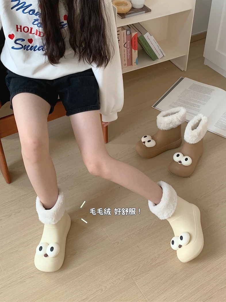 Cute Big Eyes Waterproof Anti Slip Snow Boots For Women 2023 Winter Warm And Plush Mid Length Boots