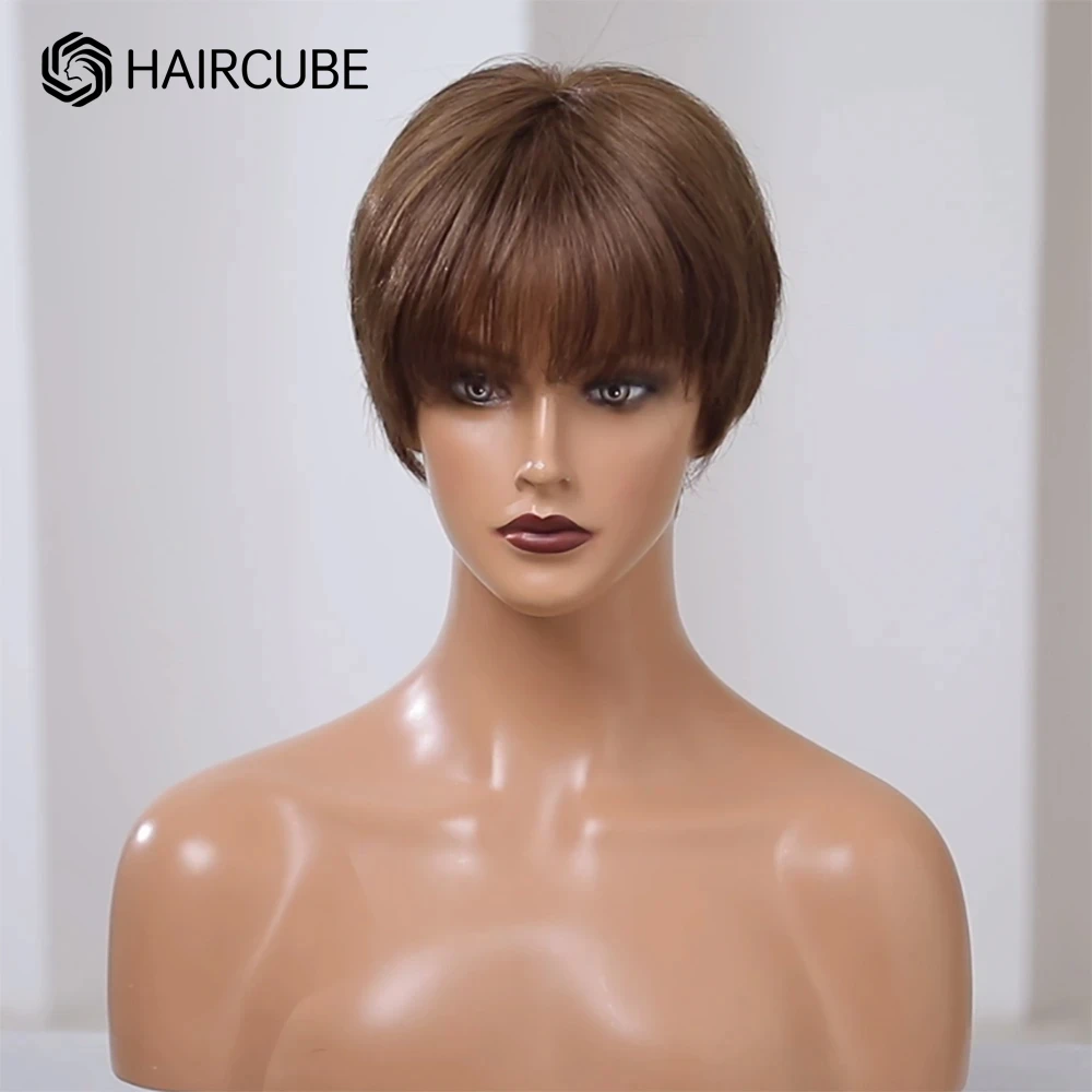 100% Human Hair Pixie Cut Bob Wig Lace Frontal Natural Brown Remy Human Hair Wig for Women Daily Machine Made Wig Heat Resistant