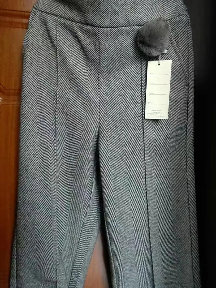 우아한 모직 혼합 넓은 다리 바지 사무실 레이디 높은 허리 스트레이트 Pantalones 가을 겨울 발목 길이 대형 4xl 바지