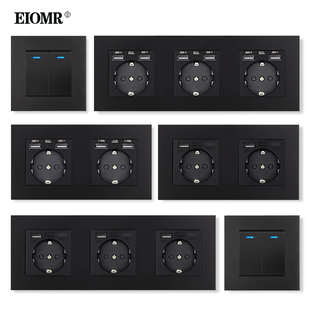 Eiomr Padrão da ue 16a Tomada Interruptor de Parede Chama-painel de Computador Retardador com Usb 5v 2100ma ac 110250v Tomada de Energia Tira Preta