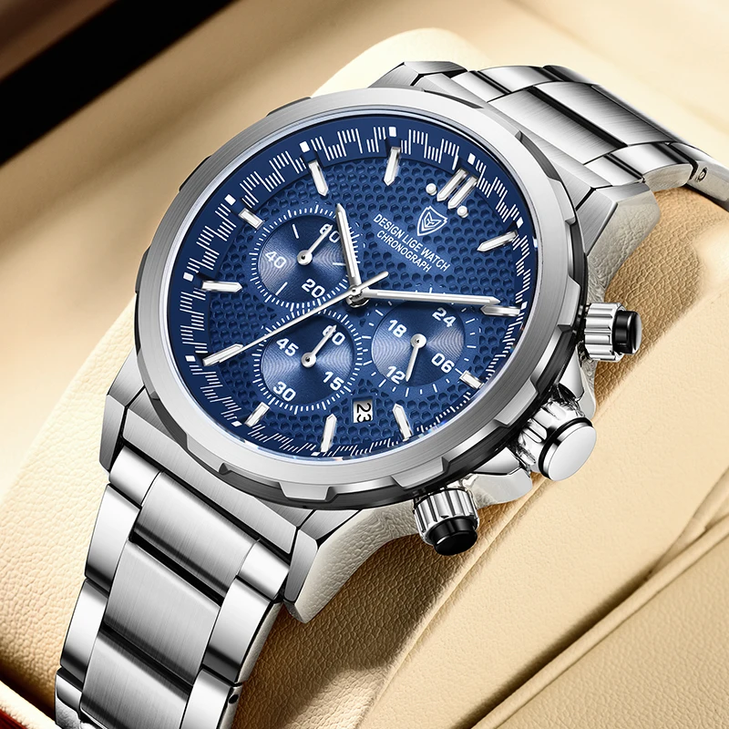 

LIGE Luxury Stainless Steel Wrist Watch Men Sports Chronograph Luminous Waterproof Date Mens Watch Military Watches Quartz Clock
